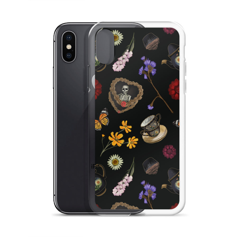 Gothic Tea Time iPhone® Clear Case featuring floral and skeleton designs, perfect for protection and style.