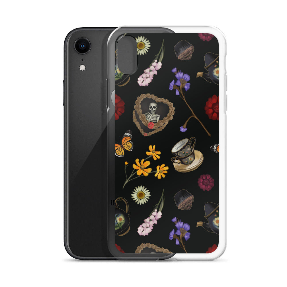 Gothic Tea Time iPhone® Clear Case features a unique design with floral and skull motifs for stylish protection.