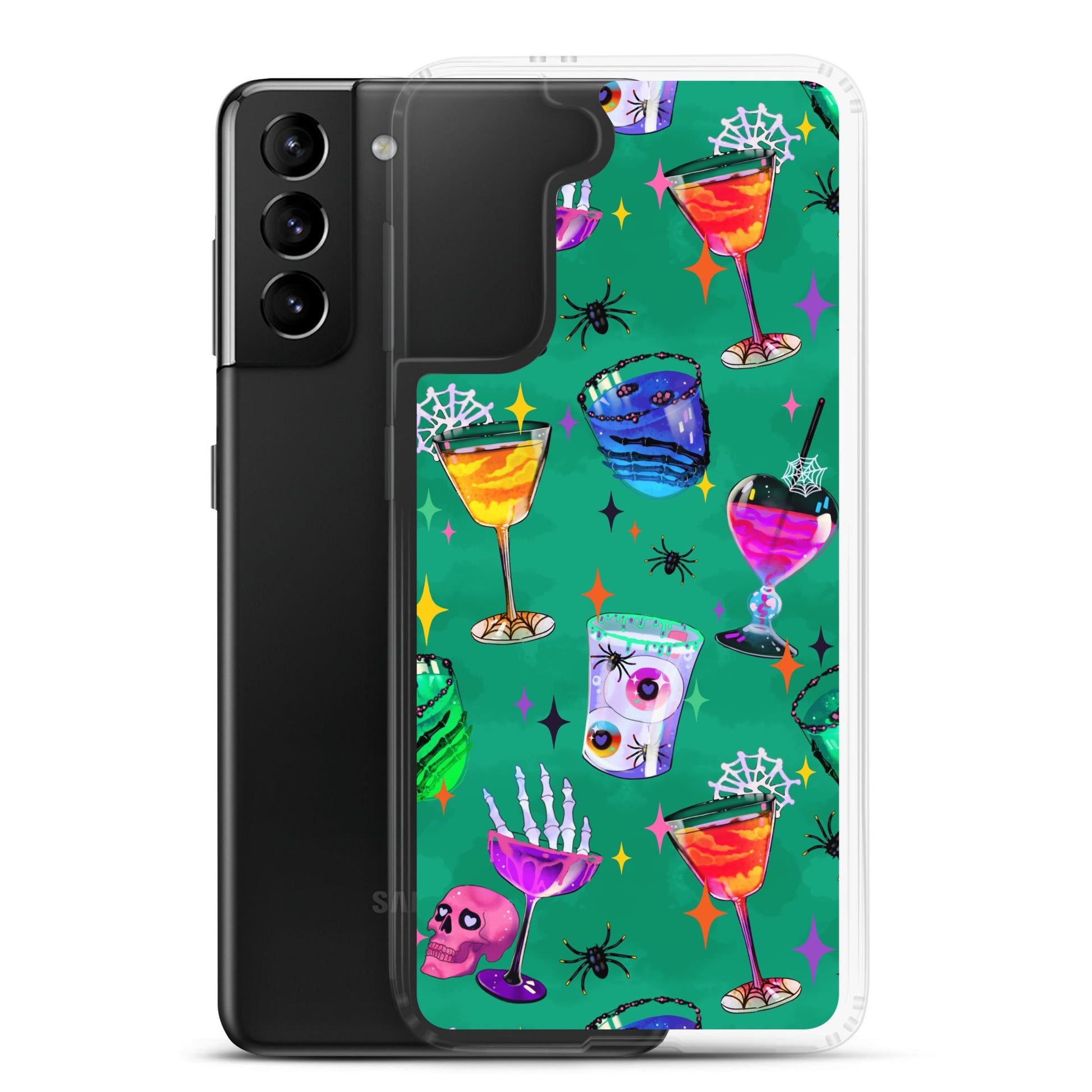 Stylish Monster Party Samsung® Clear Case featuring vibrant drink and skull designs, perfect for protection and style.