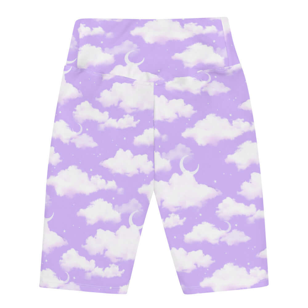 High-waisted Cloudy Sky Biker Shorts featuring a soft lavender cloud print, perfect for versatile styling and comfort.