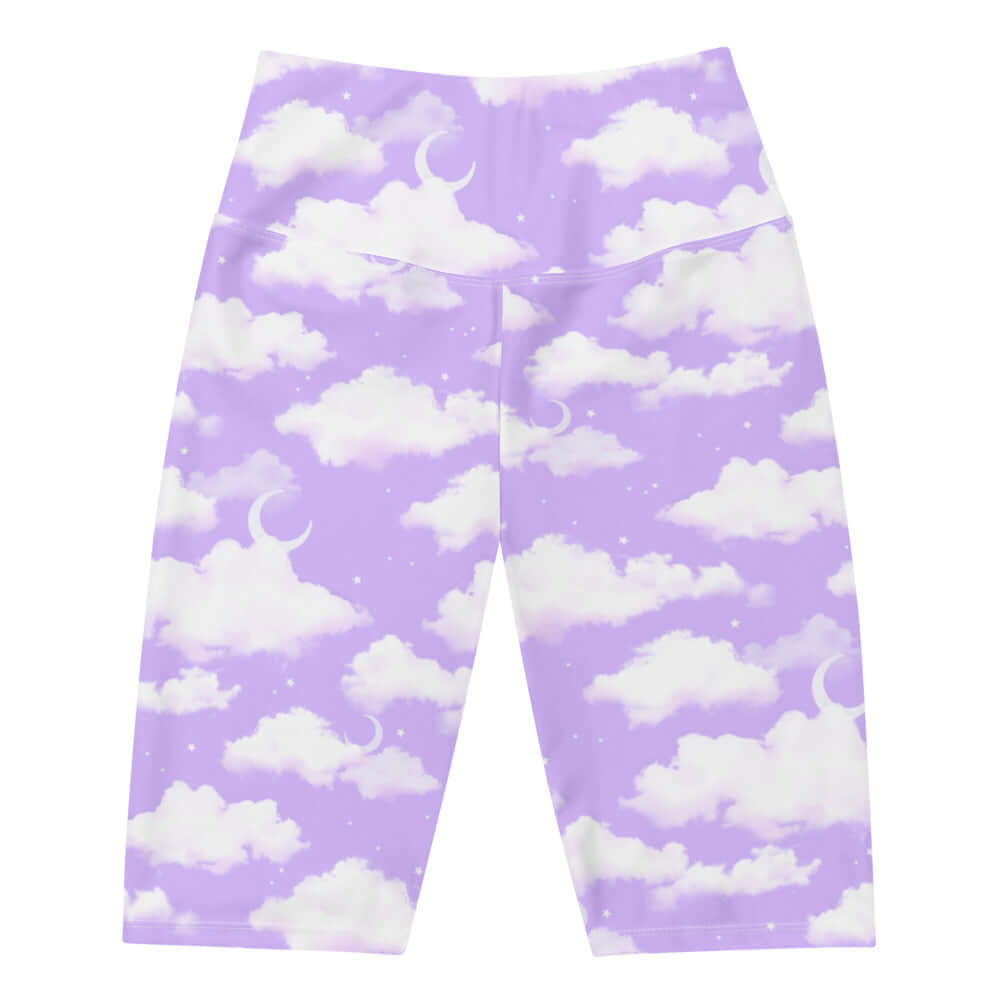 High-waisted Cloudy Sky Biker Shorts feature a soft purple design, perfect for versatile outfits and all-day comfort.