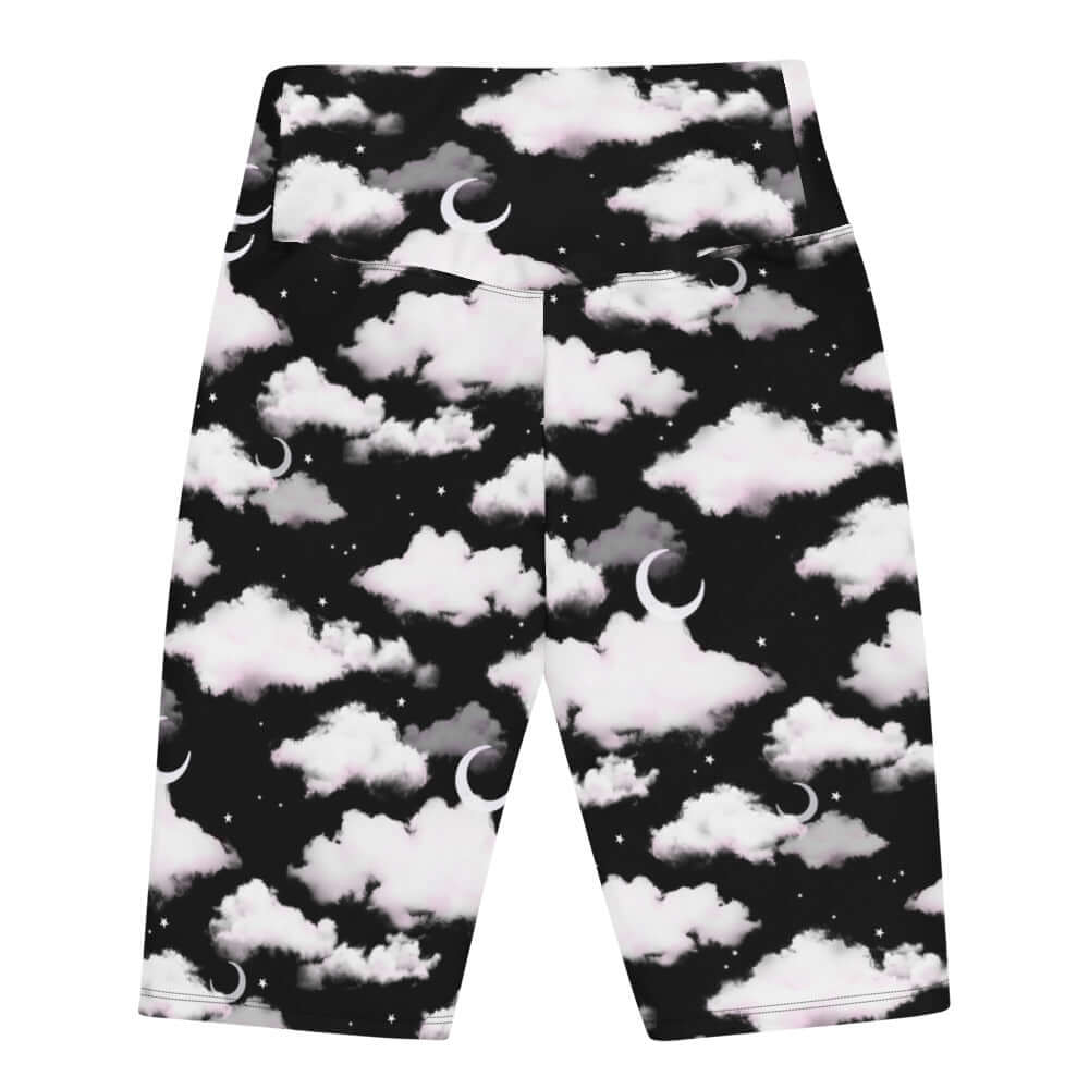 High-waisted Cloudy Sky Biker Shorts featuring a chic cloud pattern, perfect for versatile styling and comfort.
