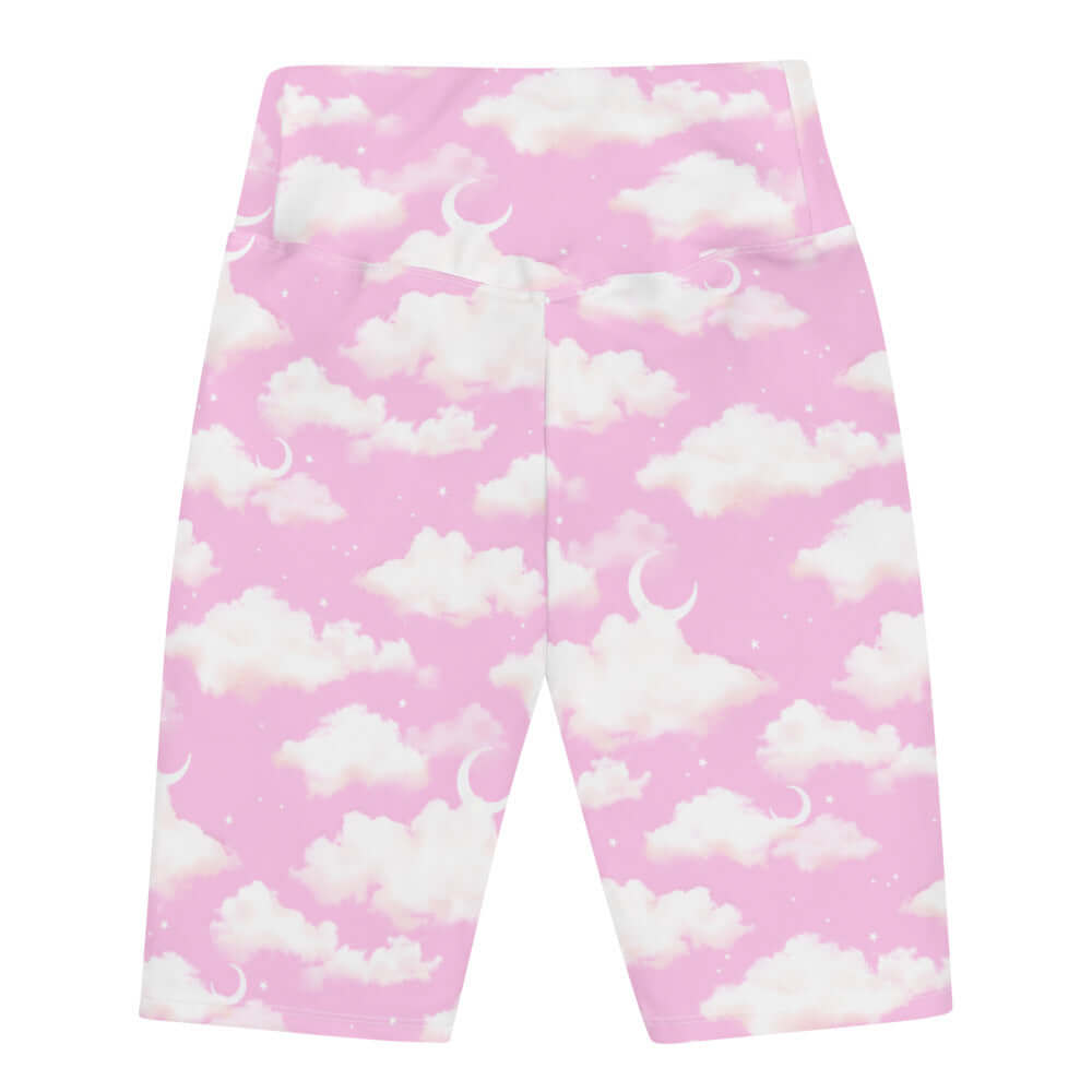 High-waisted Cloudy Sky Biker Shorts featuring a soft pastel cloud design, perfect for versatile styling and comfort.