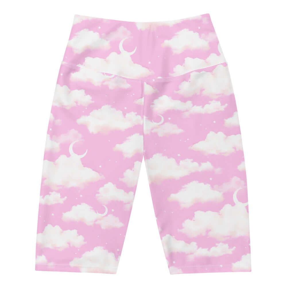 High-waisted Cloudy Sky Biker Shorts featuring a dreamy cloud print, perfect for versatile, comfortable outfits.