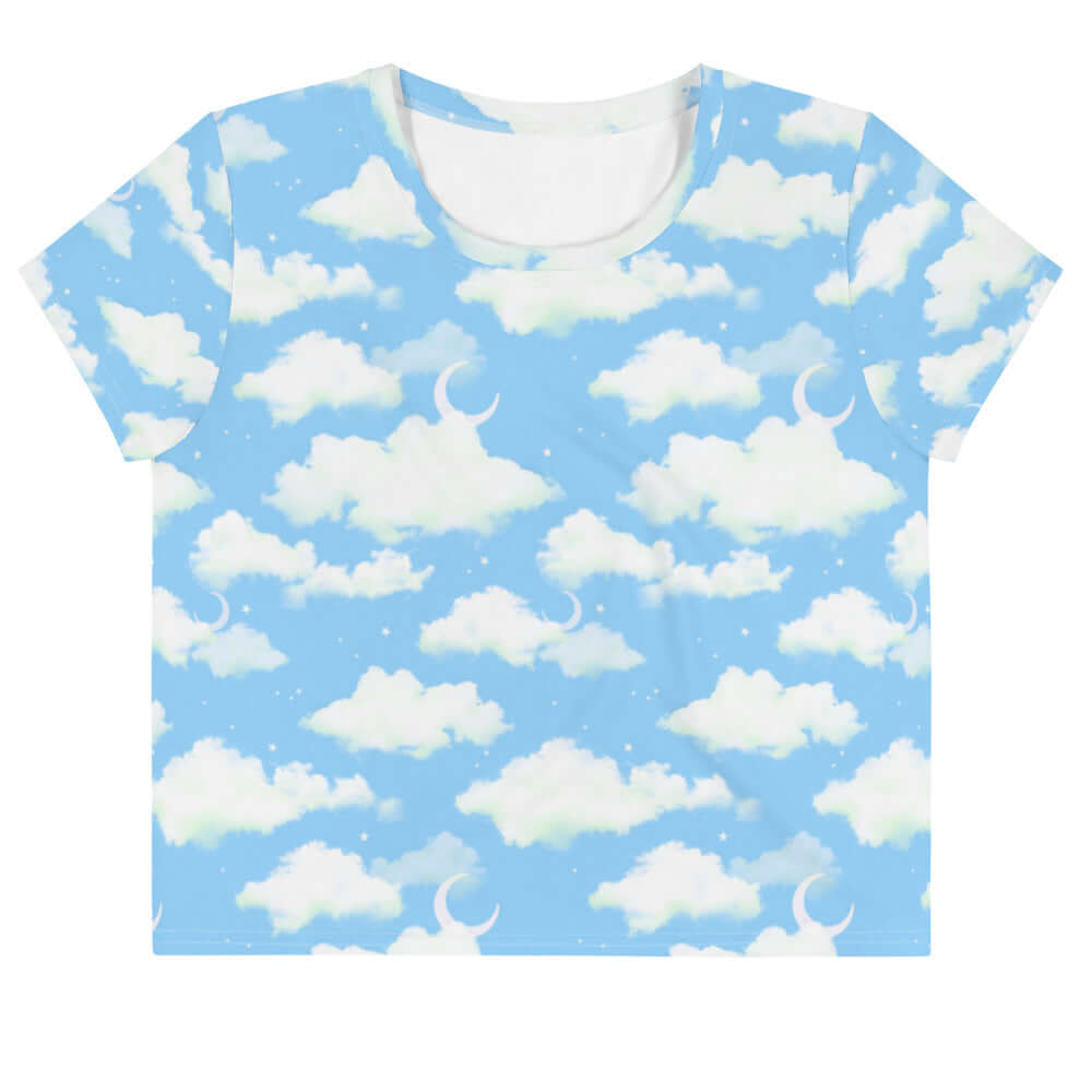 Bright blue Cloudy Sky Crop Top adorned with fluffy clouds, perfect for a dreamy, casual look. Ideal for any occasion!
