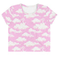 Dreamy Cloudy Sky Crop Top featuring a whimsical pink cloud pattern, perfect for a playful, stylish look.