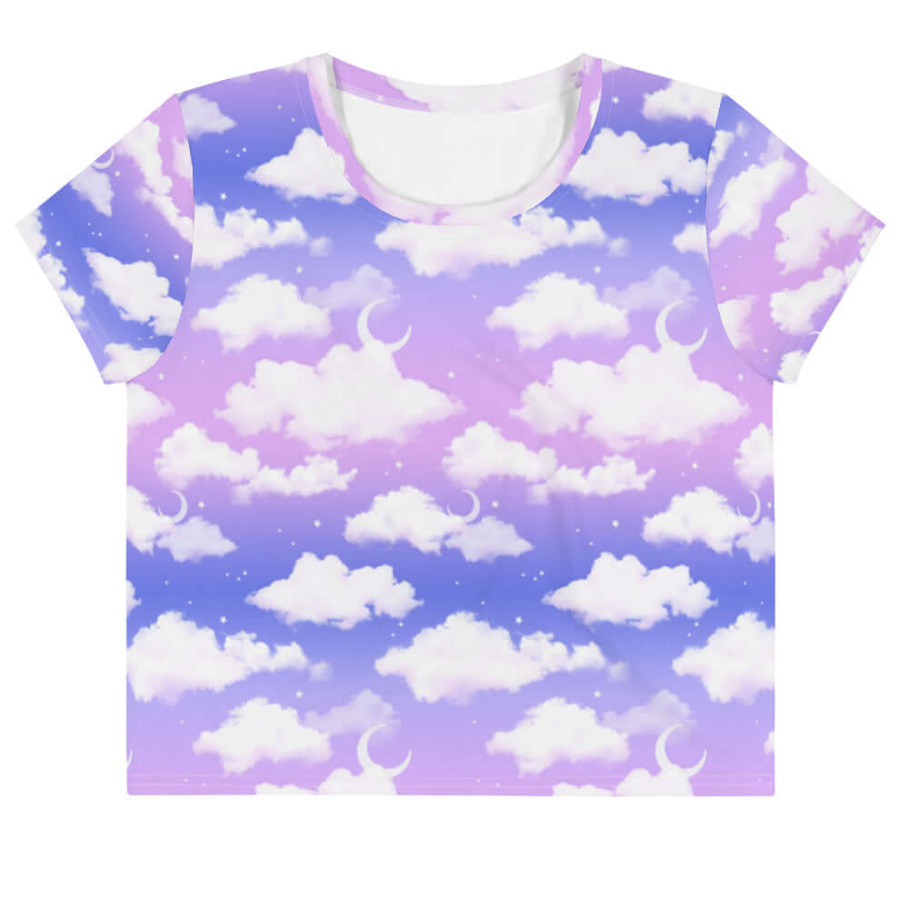 Stylish Cloudy Sky Crop Top with a dreamy purple gradient, perfect for a cute and comfortable look.