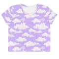 Brighten your wardrobe with the Cloudy Sky Crop Top, featuring a dreamy purple cloud pattern perfect for any occasion.