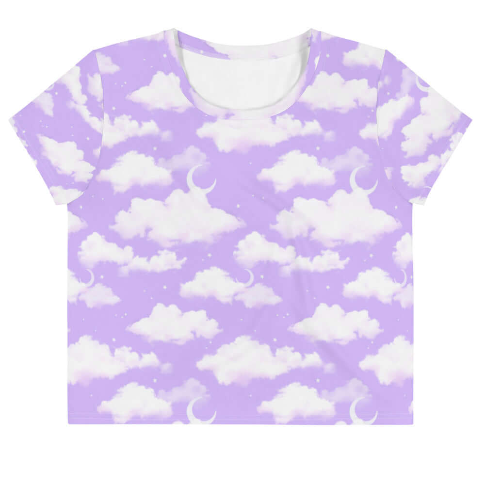 Brighten your wardrobe with the Cloudy Sky Crop Top, featuring a dreamy purple cloud pattern perfect for any occasion.