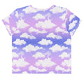 Dreamy Cloudy Sky Crop Top featuring a purple gradient and fluffy clouds, perfect for any trendy outfit.