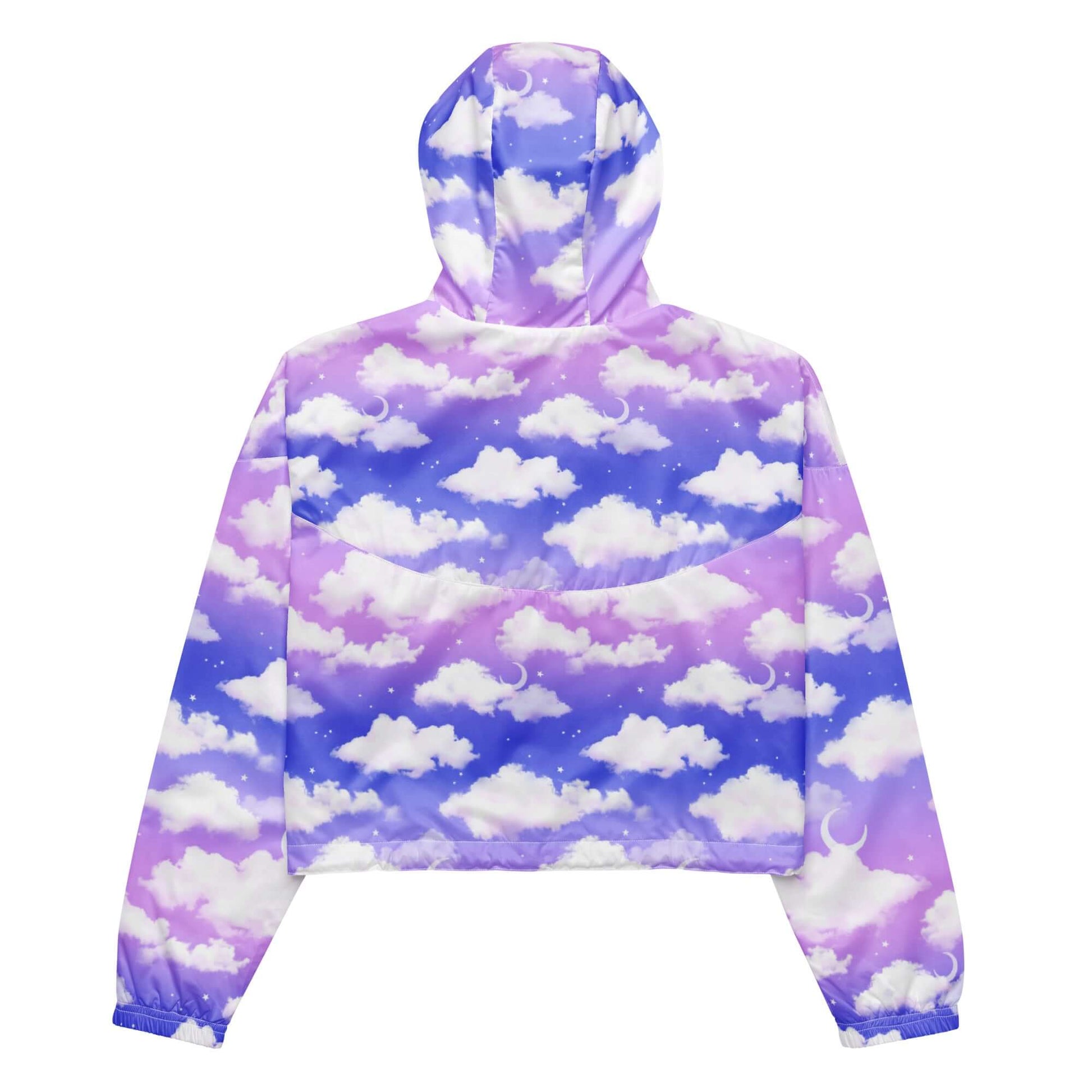 Stylish Cloudy Sky cropped windbreaker featuring a vibrant cloud design, perfect for outdoor adventures and rainy hikes.