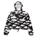 Stylish Cloudy Sky cropped windbreaker features a cloud print, perfect for lightweight, waterproof adventures.