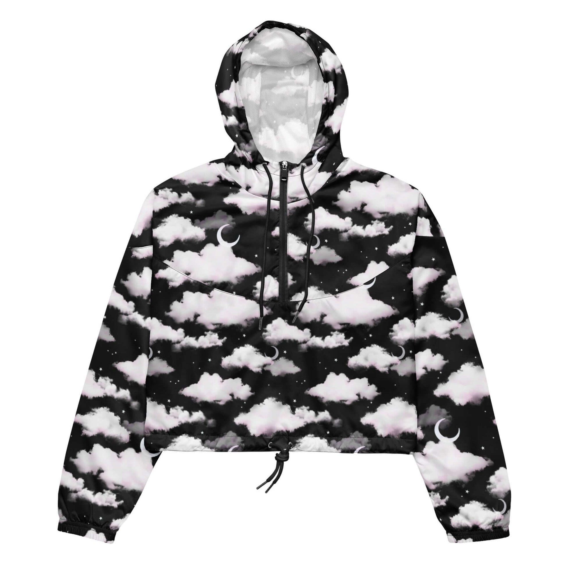 Stylish Cloudy Sky cropped windbreaker features a cloud print, perfect for lightweight, waterproof adventures.