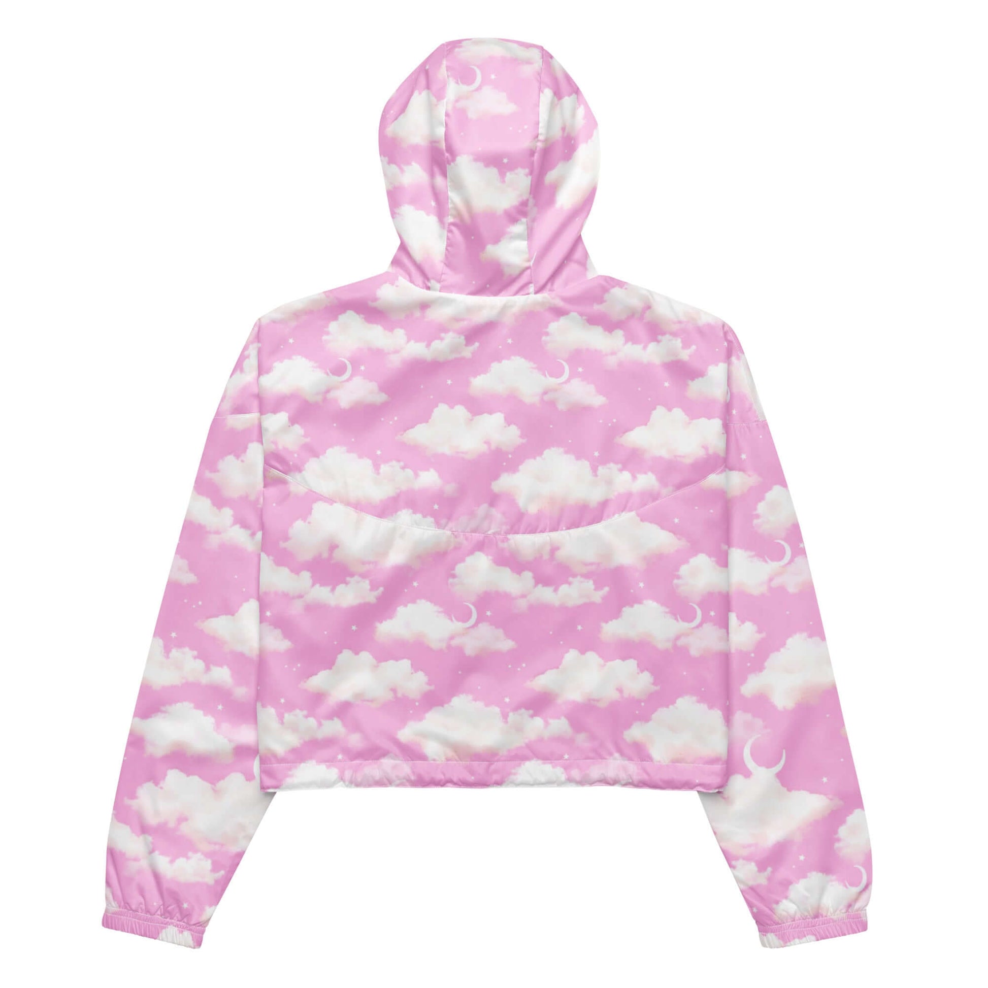 Lightweight and stylish, the Cloudy Sky cropped windbreaker features a playful cloud design, perfect for any adventure.