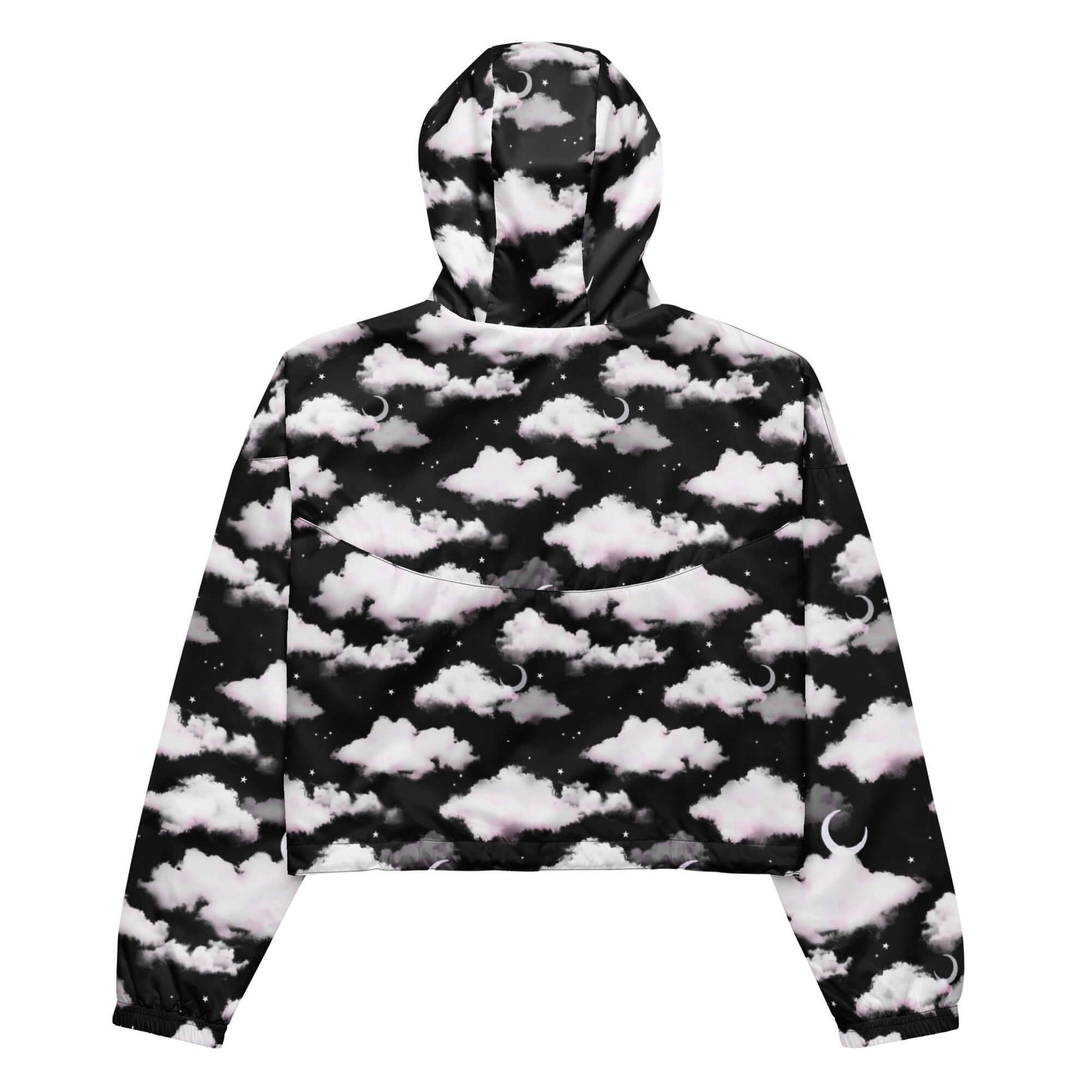 Lightweight and waterproof, the Cloudy Sky cropped windbreaker features a stylish cloud print, perfect for outdoor adventures.