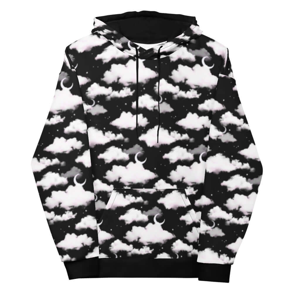 Stylish Cloudy Sky Hoodie featuring a dreamy black and white cloud design, perfect for any casual outfit.