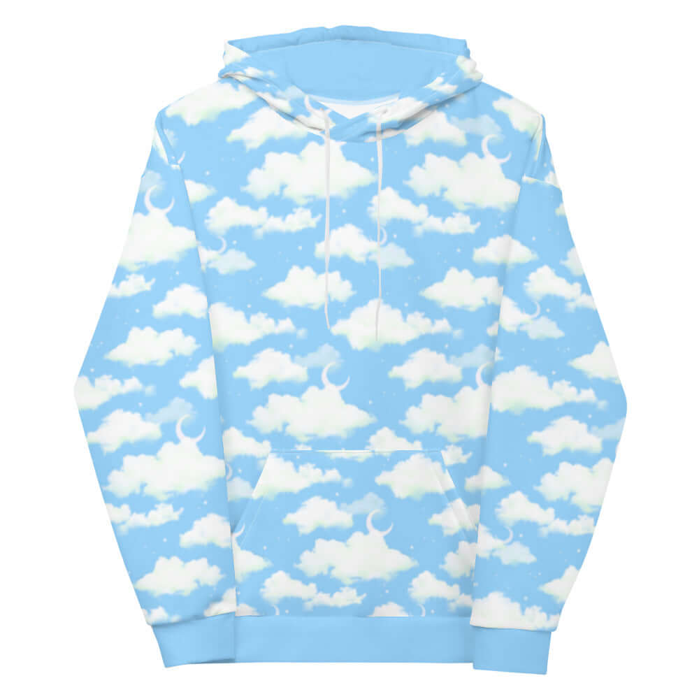 Bright blue Cloudy Sky Hoodie featuring soft fabric and a dreamy cloud design, perfect for cozy comfort.