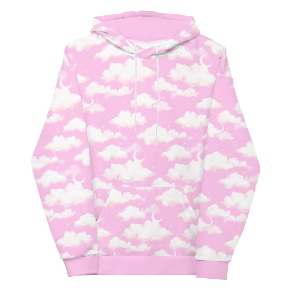 Dreamy pink Cloudy Sky Hoodie featuring soft clouds, perfect for cozying up in style. Ideal for every casual outing.