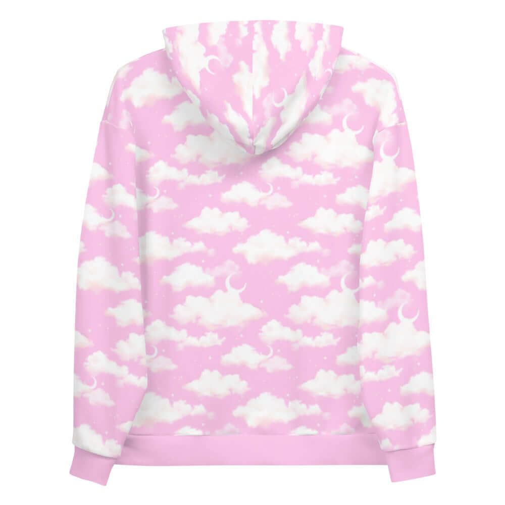 Soft pink Cloudy Sky Hoodie featuring fluffy white clouds, perfect for dreamy and comfortable style.