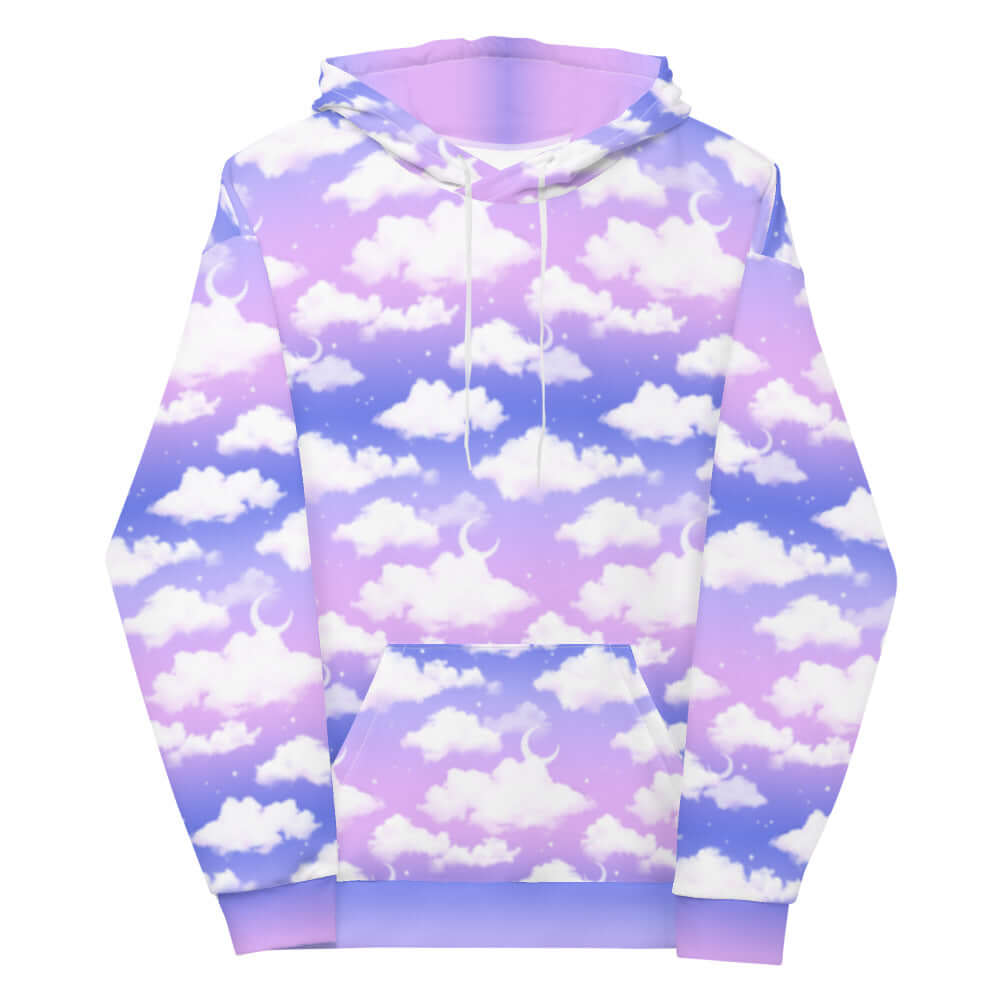 Dreamy Cloudy Sky Hoodie in a vibrant purple gradient, perfect for a cozy and stylish look.
