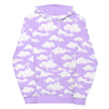 Soft and dreamy Cloudy Sky Hoodie in a purple gradient with a vibrant cloud print, perfect for casual comfort.