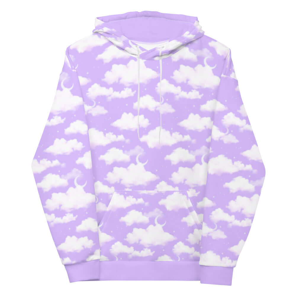 Soft and dreamy Cloudy Sky Hoodie in a purple gradient with a vibrant cloud print, perfect for casual comfort.