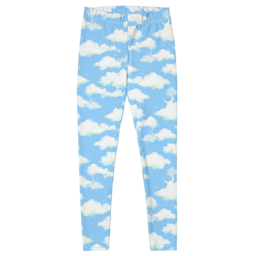 Bright blue Cloudy Sky Leggings with fluffy white clouds, perfect for workouts and casual outings. Ideal for any outfit.
