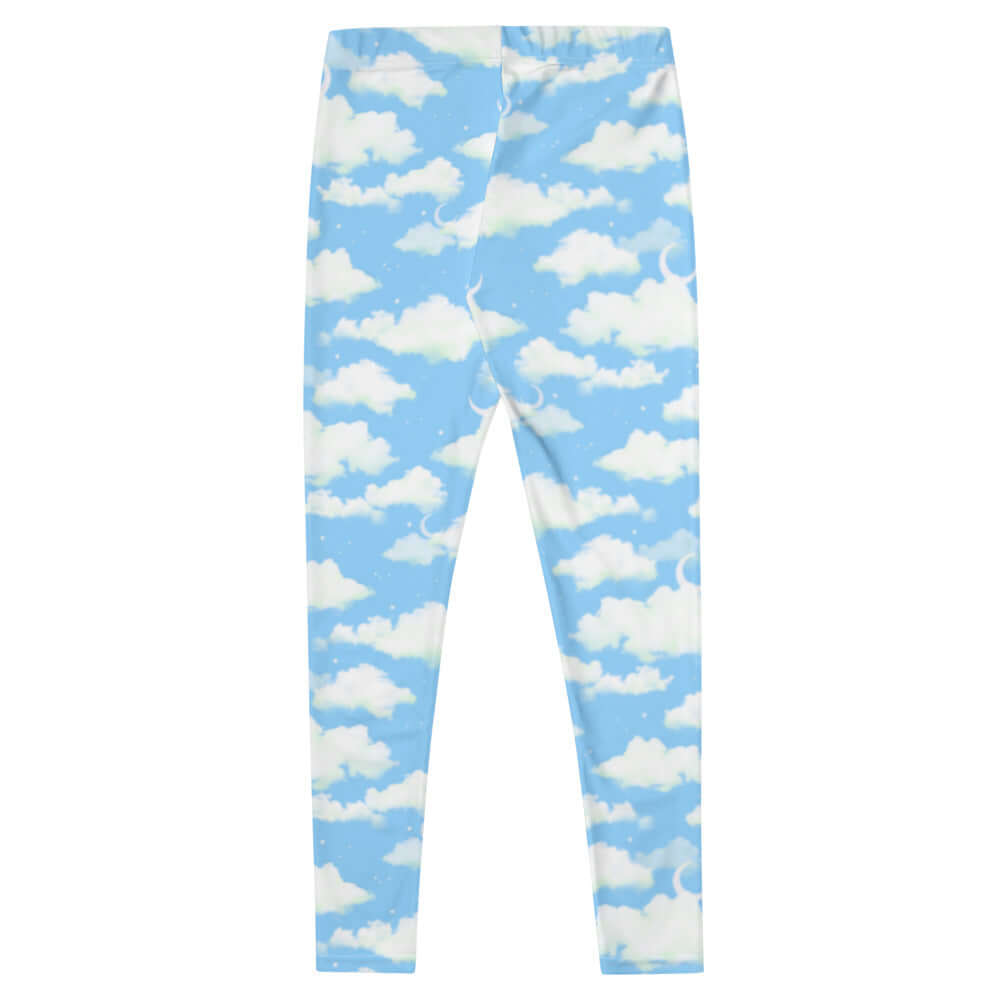 Bright blue Cloudy Sky Leggings with fluffy white clouds, perfect for workouts or casual outings. Ideal for any outfit.
