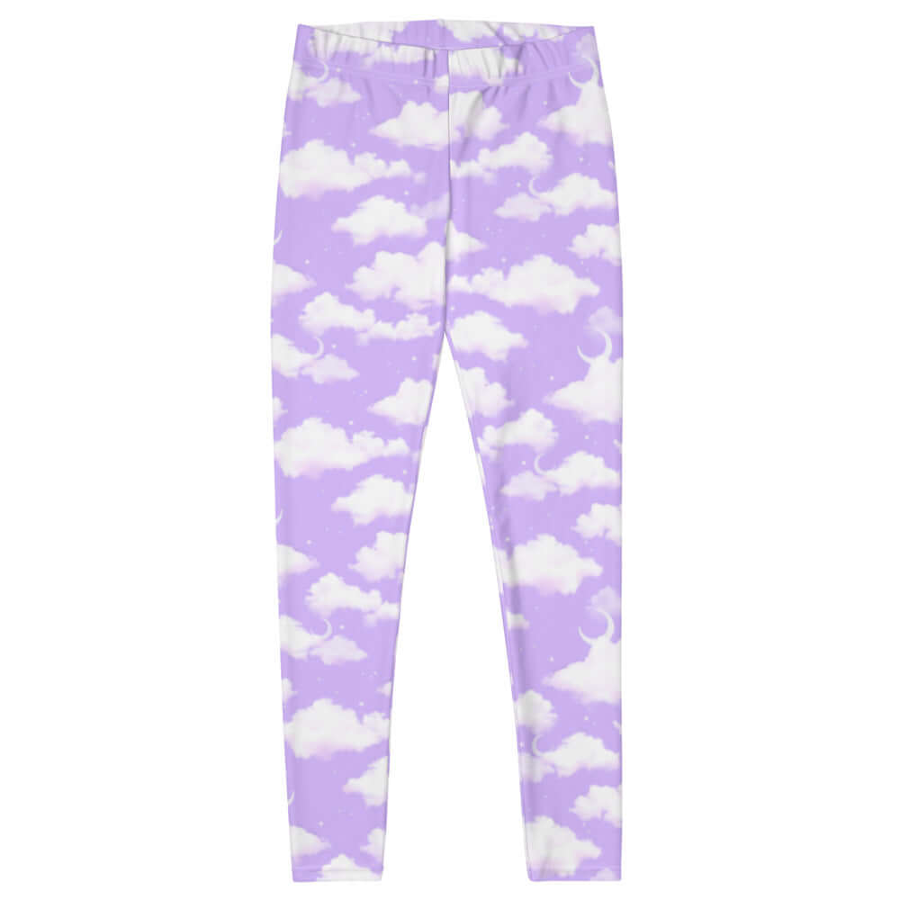 Ethereal Cloudy Sky Leggings in a soft purple hue, perfect for gym or casual outings. Stylish and comfy for any occasion.