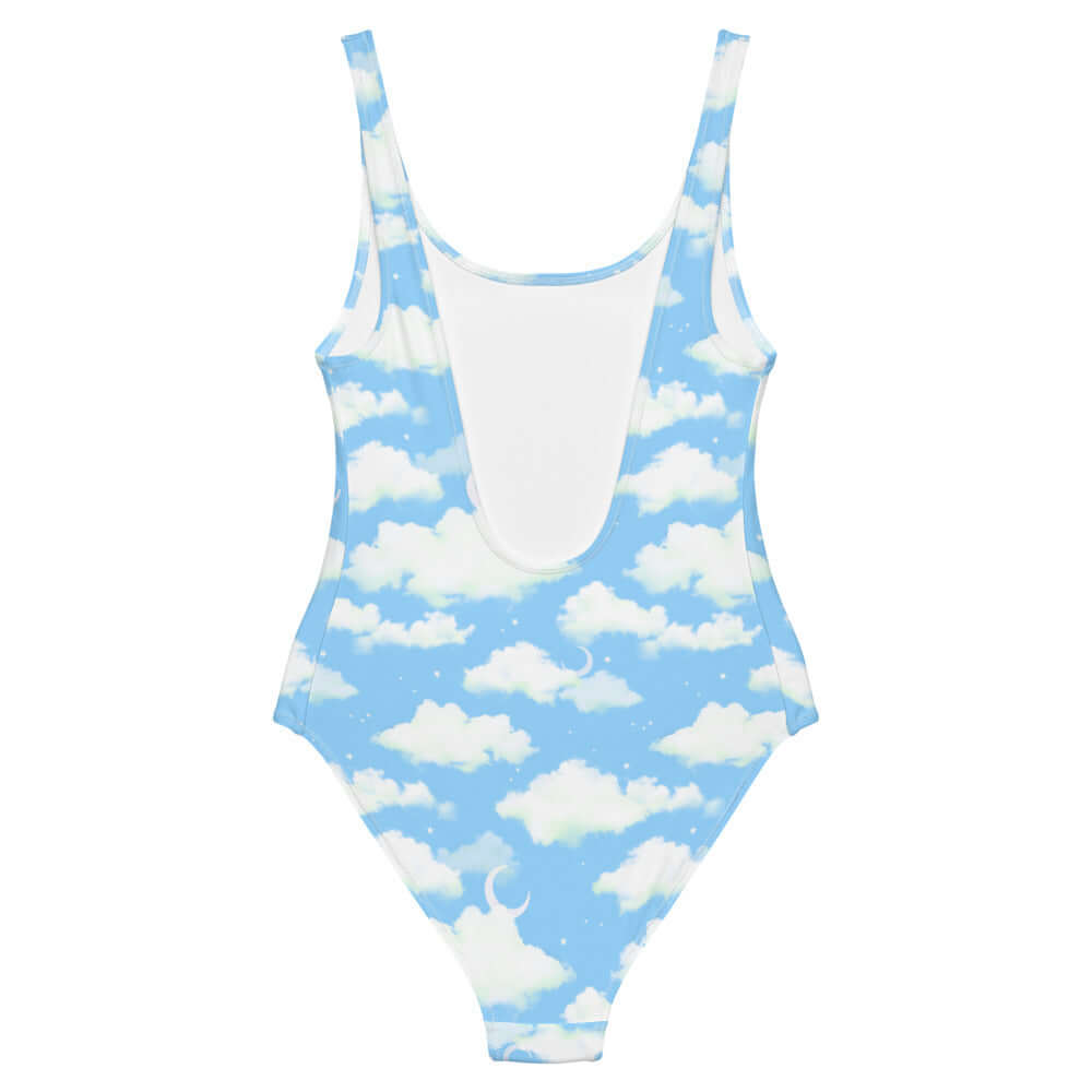 Stylish Cloudy Sky One-Piece Swimsuit featuring a dreamy blue cloud print, perfect for any beach day.