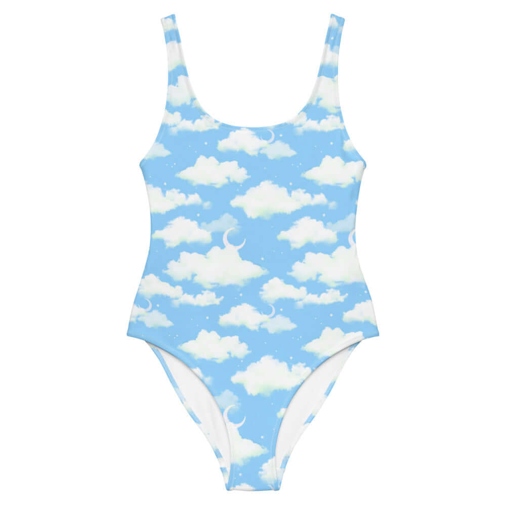 Bright blue Cloudy Sky One-Piece Swimsuit with whimsical cloud patterns, perfect for showcasing your summer style.