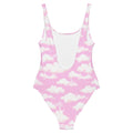 Stylish Cloudy Sky One-Piece Swimsuit in pastel pink with dreamy cloud pattern, perfect for a chic beach look.