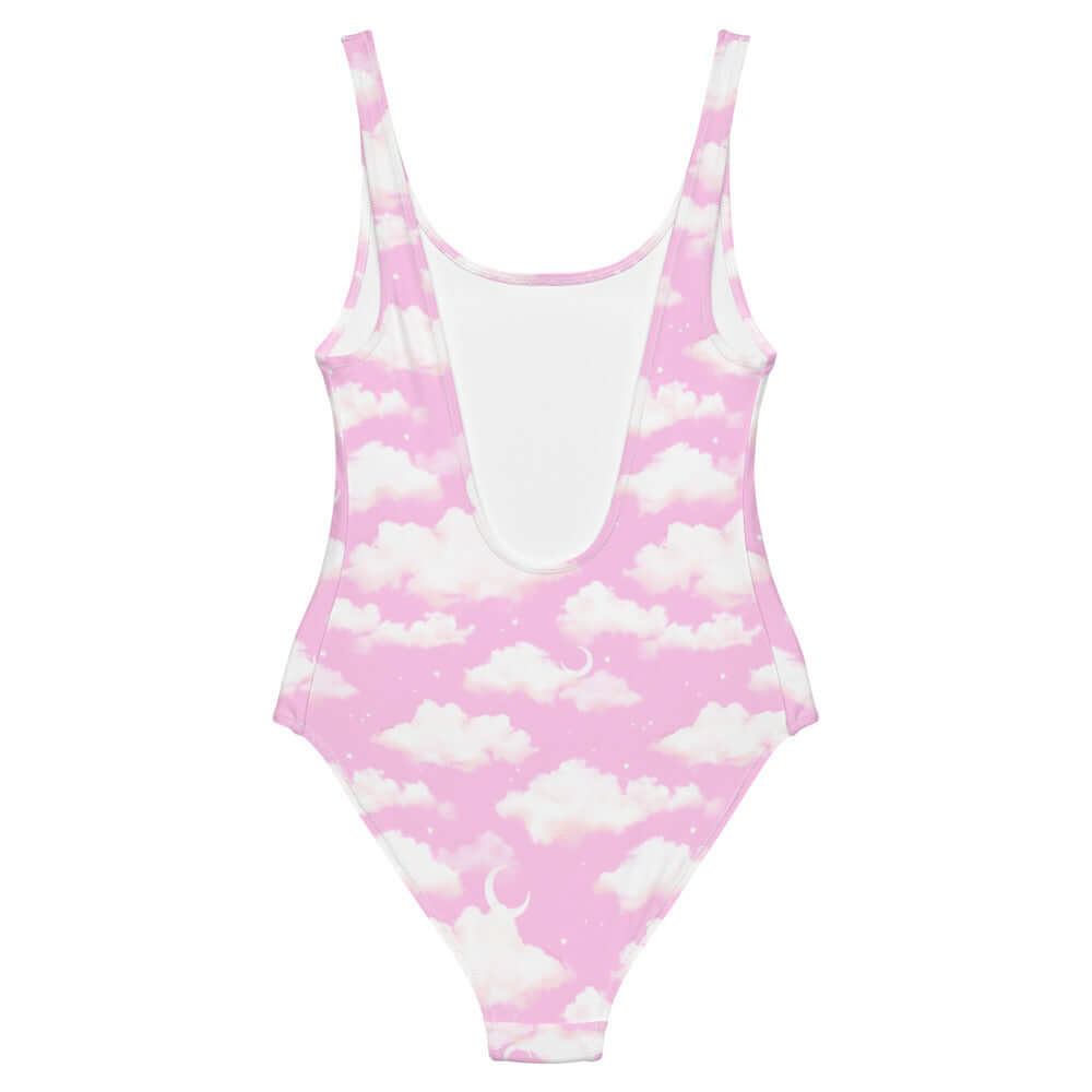 Stylish Cloudy Sky One-Piece Swimsuit in pastel pink with dreamy cloud pattern, perfect for a chic beach look.