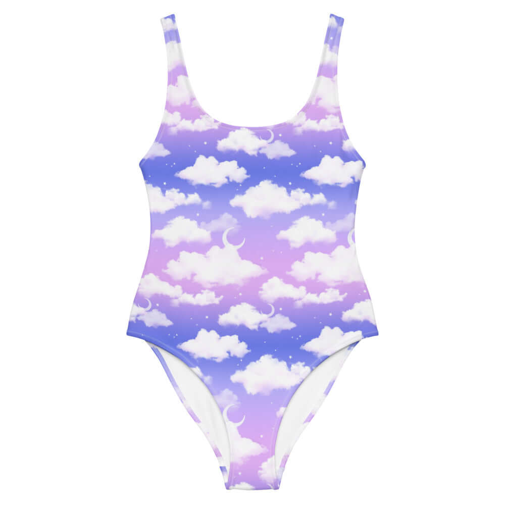 Ethereal Cloudy Sky One-Piece Swimsuit featuring dreamy purple gradient and fluffy clouds, perfect for summer fun.