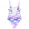 Ethereal Cloudy Sky One-Piece Swimsuit featuring a dreamy purple gradient and cloud design for a stylish beach look.