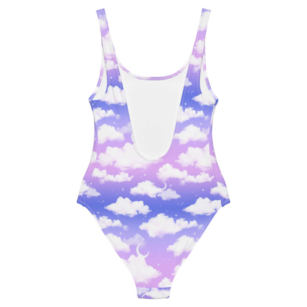 Ethereal Cloudy Sky One-Piece Swimsuit featuring a dreamy purple gradient and cloud design for a stylish beach look.
