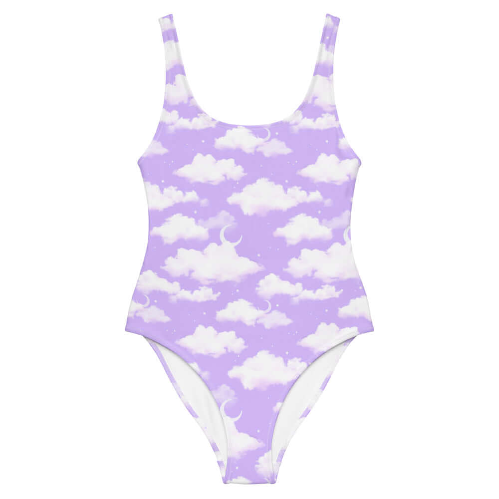 Dreamy Cloudy Sky One-Piece Swimsuit in a vibrant purple gradient, perfect for all figures at your next beach outing.