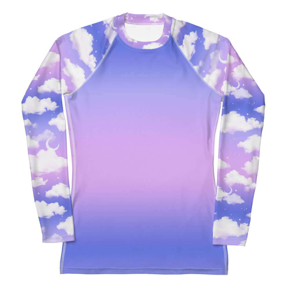 Long-sleeve Cloudy Sky Rash Guard featuring a vibrant cloud design, perfect for active outdoor sports.