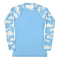 Soft blue long-sleeve Cloudy Sky Rash Guard featuring cloud print, perfect for active outdoor sports and sun protection.