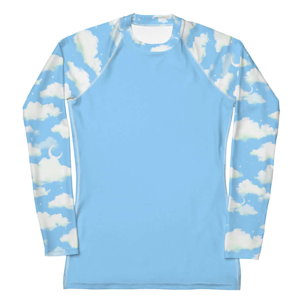 Soft blue long-sleeve Cloudy Sky Rash Guard featuring cloud print, perfect for active outdoor sports and sun protection.
