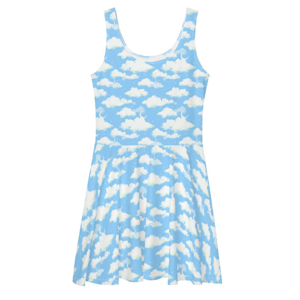 Dreamy Cloudy Sky Skater Dress in blue, featuring a flared skirt and soft fabric for an ethereal look. Perfect for any occasion!