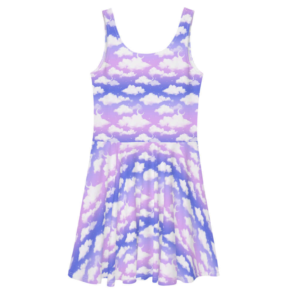 Cloudy Sky Skater Dress in purple gradient, featuring a flared skirt for a dreamy, elegant look. Perfect for any occasion!
