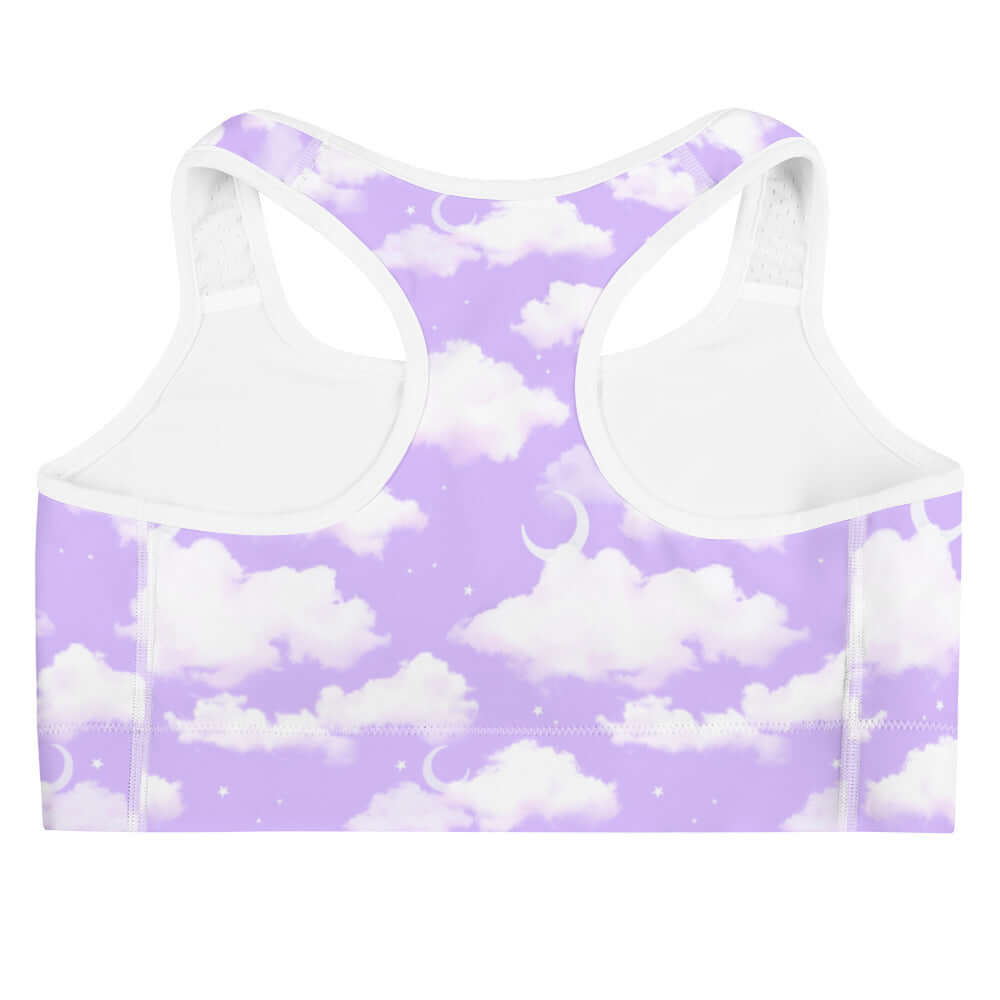 Stylish Cloudy Sky Sports bra featuring a dreamy cloud pattern, perfect for yoga and workouts. Stay dry and chic!