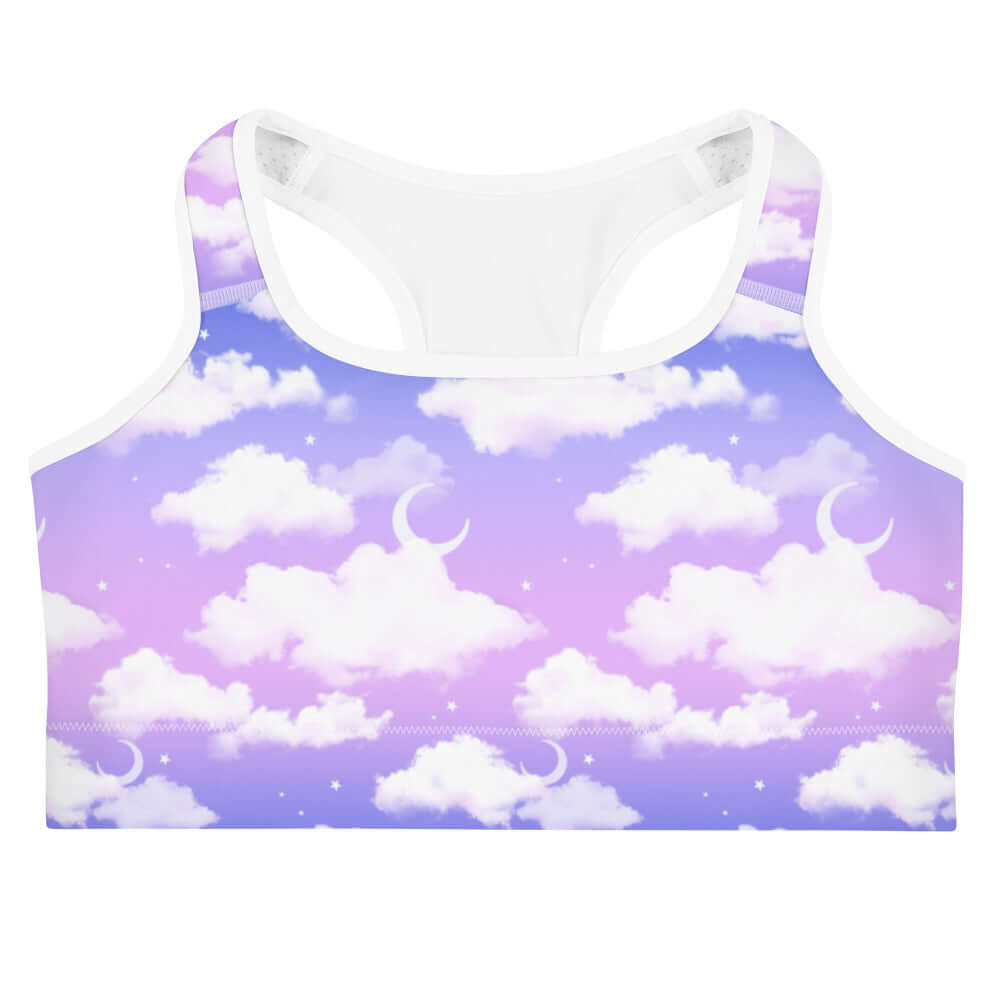 Stylish Cloudy Sky Sports bra featuring a dreamy cloud print, perfect for yoga and workouts. Stay dry and chic!