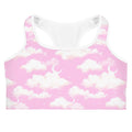 Stylish Cloudy Sky Sports bra in pink with a cloud design, perfect for yoga and moisture-wicking performance.