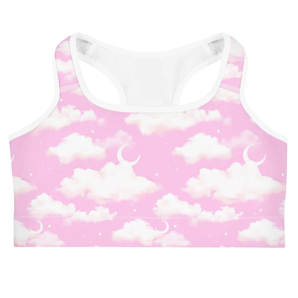 Stylish Cloudy Sky Sports bra in pink with a cloud design, perfect for yoga and moisture-wicking performance.