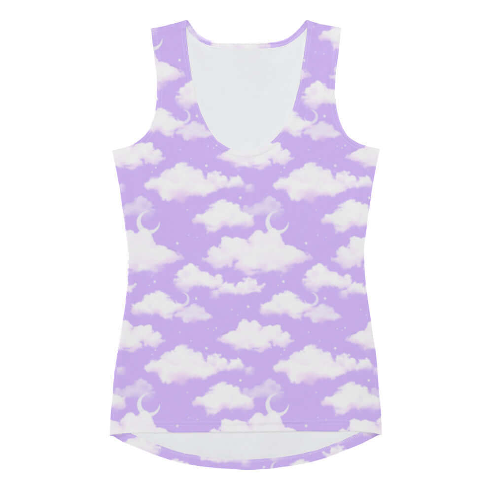 Soft and stylish, the Cloudy Sky Tank Top features a dreamy purple cloud design, perfect for summer outings.