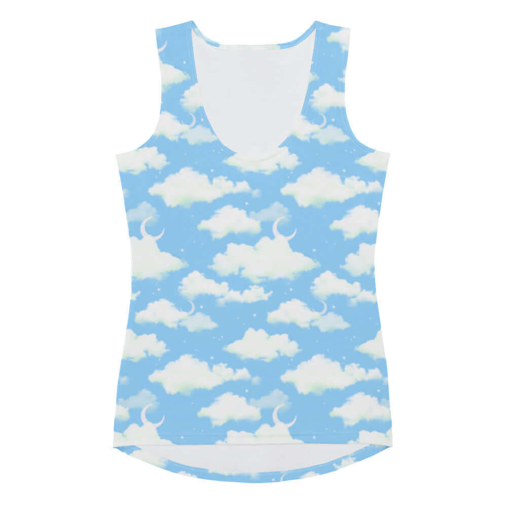 The Cloudy Sky Tank Top features a dreamy cloud pattern, perfect for summer outfits and workouts.