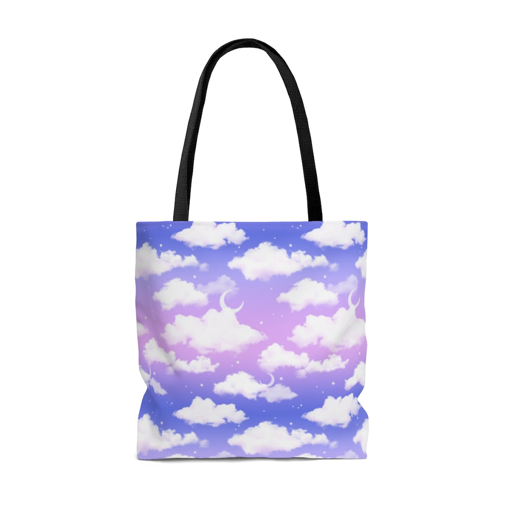 Stylish Cloudy Sky Tote Bag (Purple Gradient) features a dreamy cloud pattern, perfect for any outfit or occasion.