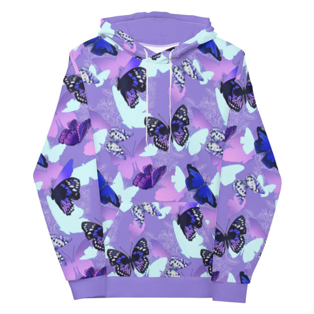 Vibrant Butterfly Hoodie featuring colorful butterfly silhouettes, perfect for comfort and style.